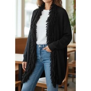 Chico's Open Front Longline Cardigan Sz XL 3 Wool Blend Loop Fringe Detail Black